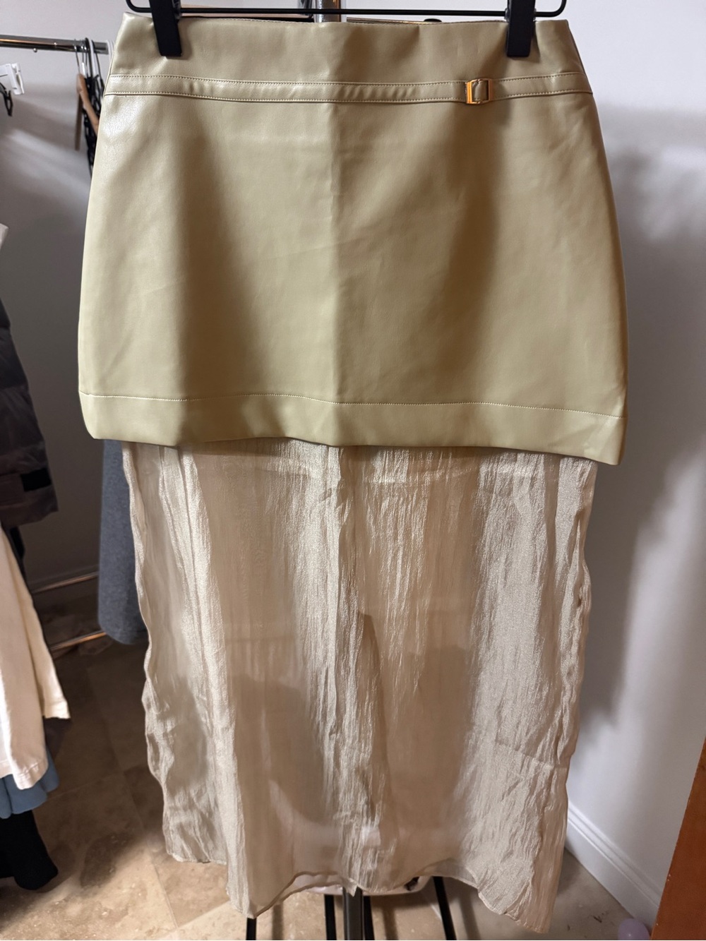 Olive Leather-Look Mini Skirt with Sheer Olive Overlay
